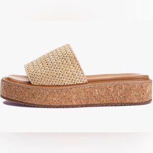 Natural Brown Raffia Platform Wedge Sandals Espadrille Slides